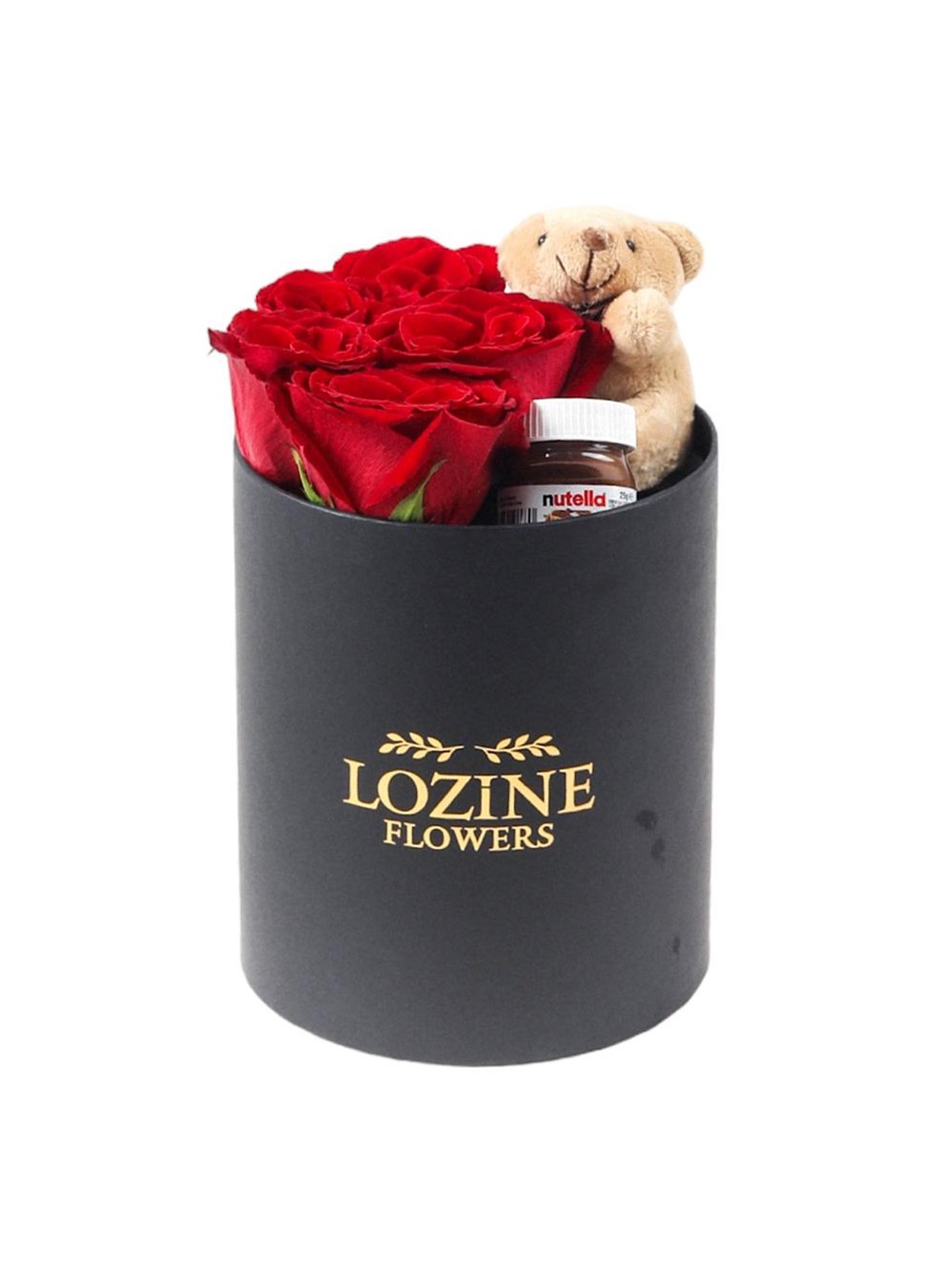 Yuvarlak Siyah Kutuda Nutella ve Ayıcıklı Kırmızı Gül