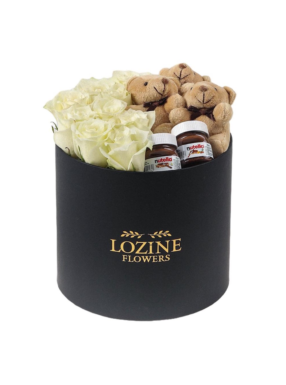 Yuvarlak Büyük Siyah Kutuda Nutella ve Ayıcıklı Beyaz Gül