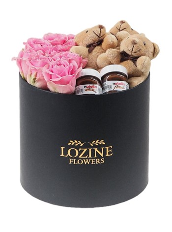 Yuvarlak Büyük Siyah Kutuda Nutella ve Ayıcıklı Pembe Gül
