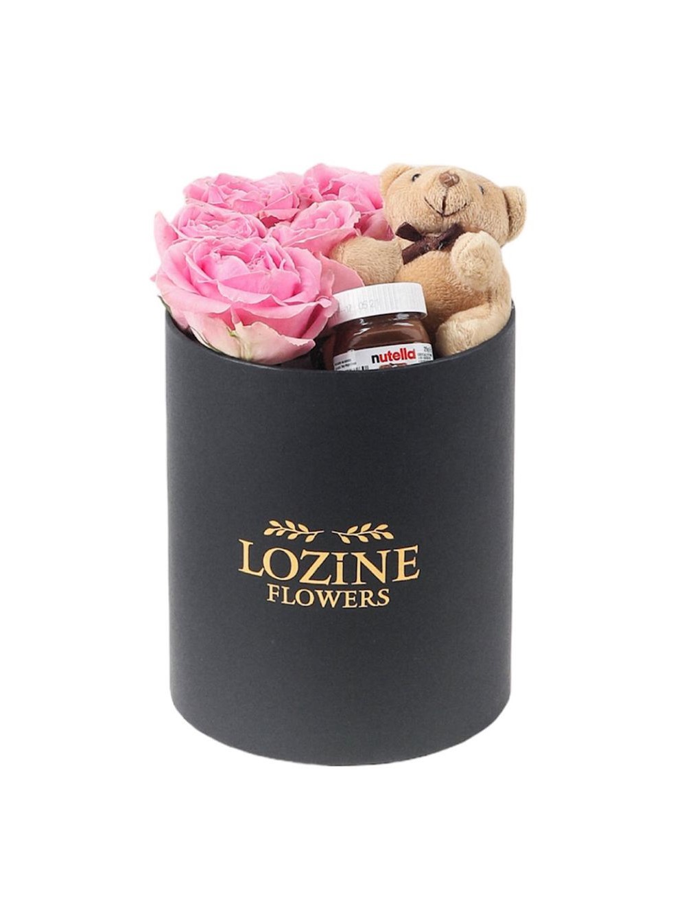 Yuvarlak Siyah Kutuda Nutella ve Ayıcıklı Pembe Gül